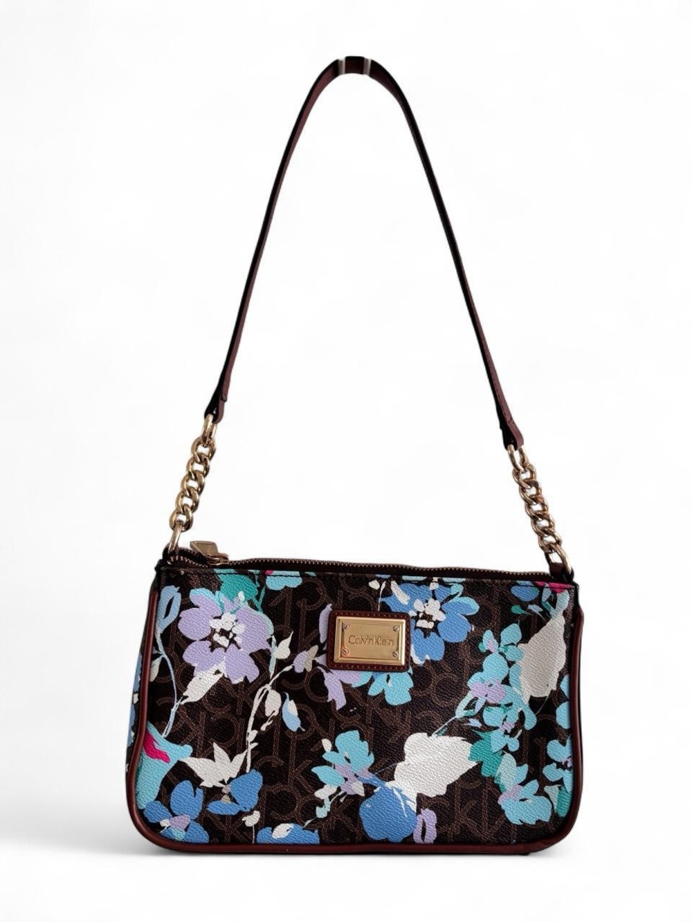 Floral Shoulder Bag Colorful Brown Calvin Klein Gold Hardware Purse - Picture 1 of 10